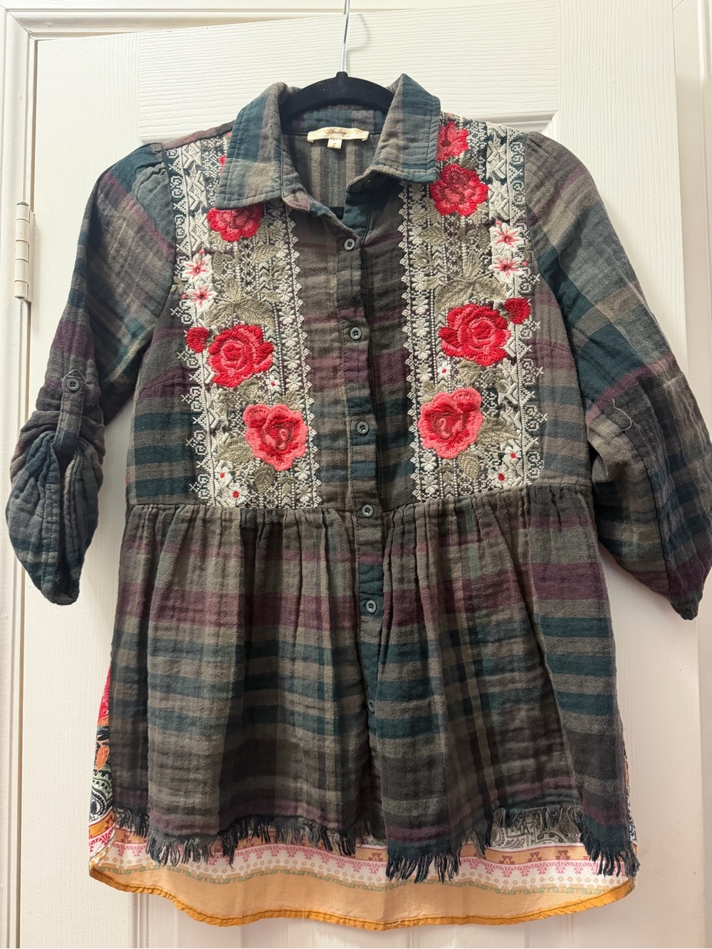 Andree Multi-Color Plaid Button-Down Shirt with Red Rose Embroidery